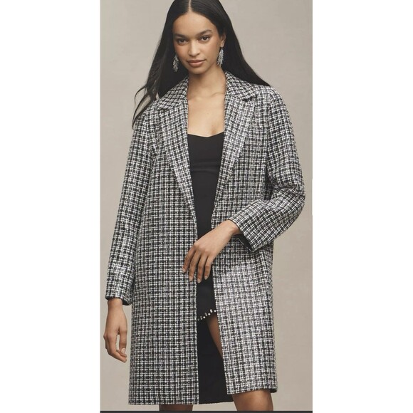 Anthropologie Mare Mare Sejuin Tweed Long Coat Black & White Pattern Sz XXS NWT - Picture 1 of 8
